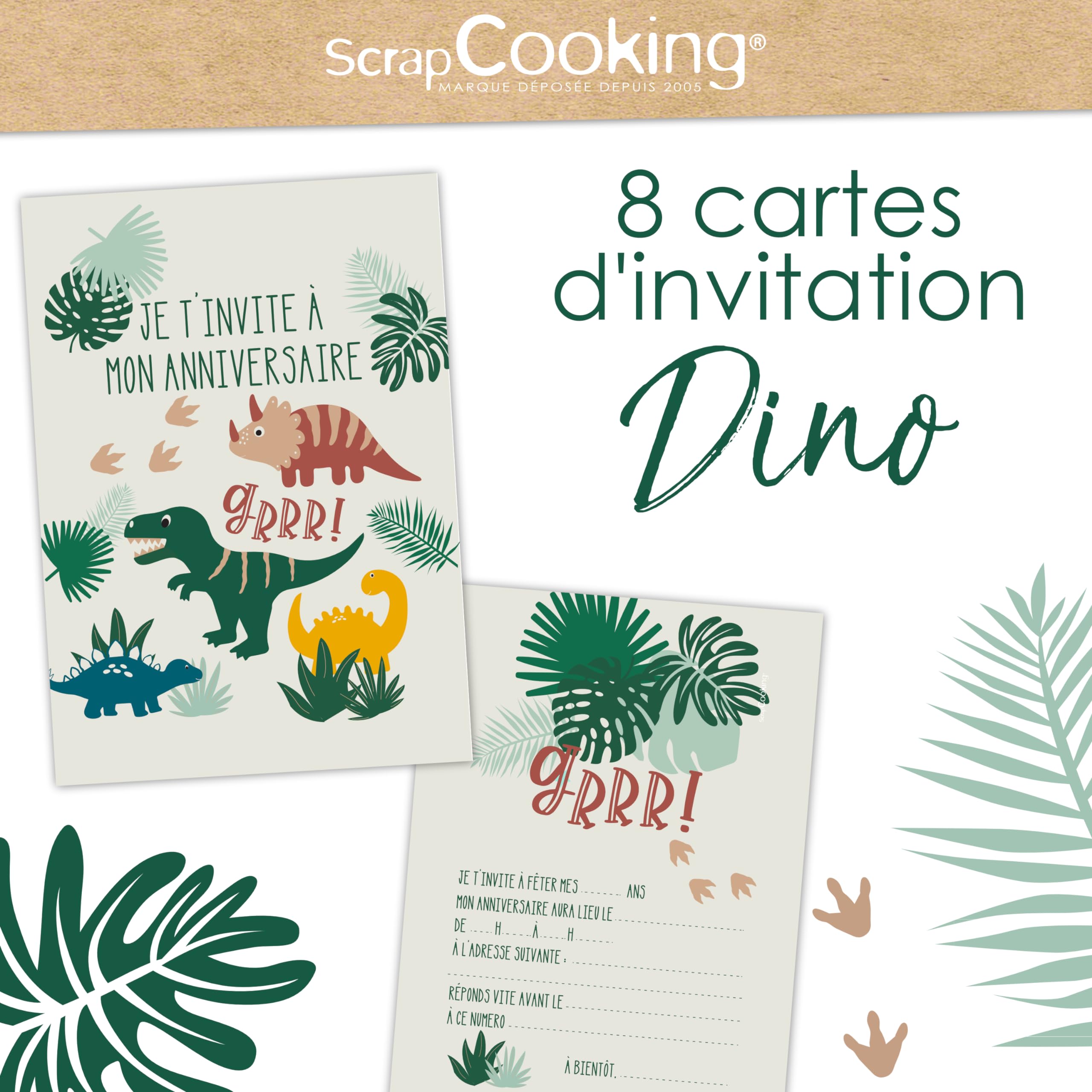scrapcooking-d-corations-8-cartes-invitation-dinosaure-vert image 2